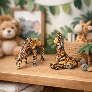 Vintage Pair of Small Giraffe Figurines in Animal Print Decoupage or Paper Mache